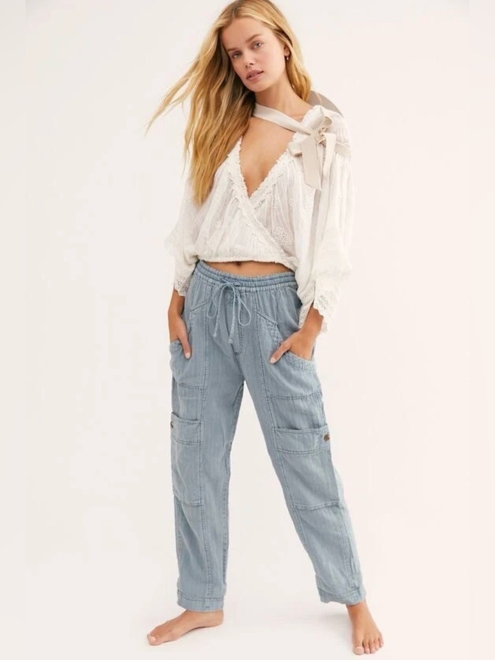 Free People Size S Blue Feelin' Good Linen Blend Utility Cargo Pants